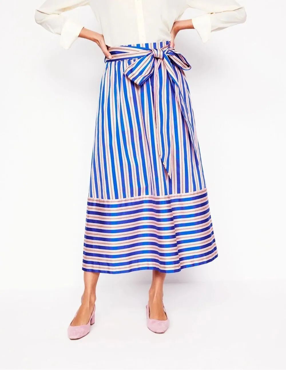 NWT BODEN Stripe Tie Belt Sateen Maxi Skirt - size 6 - Cotton/Elastane